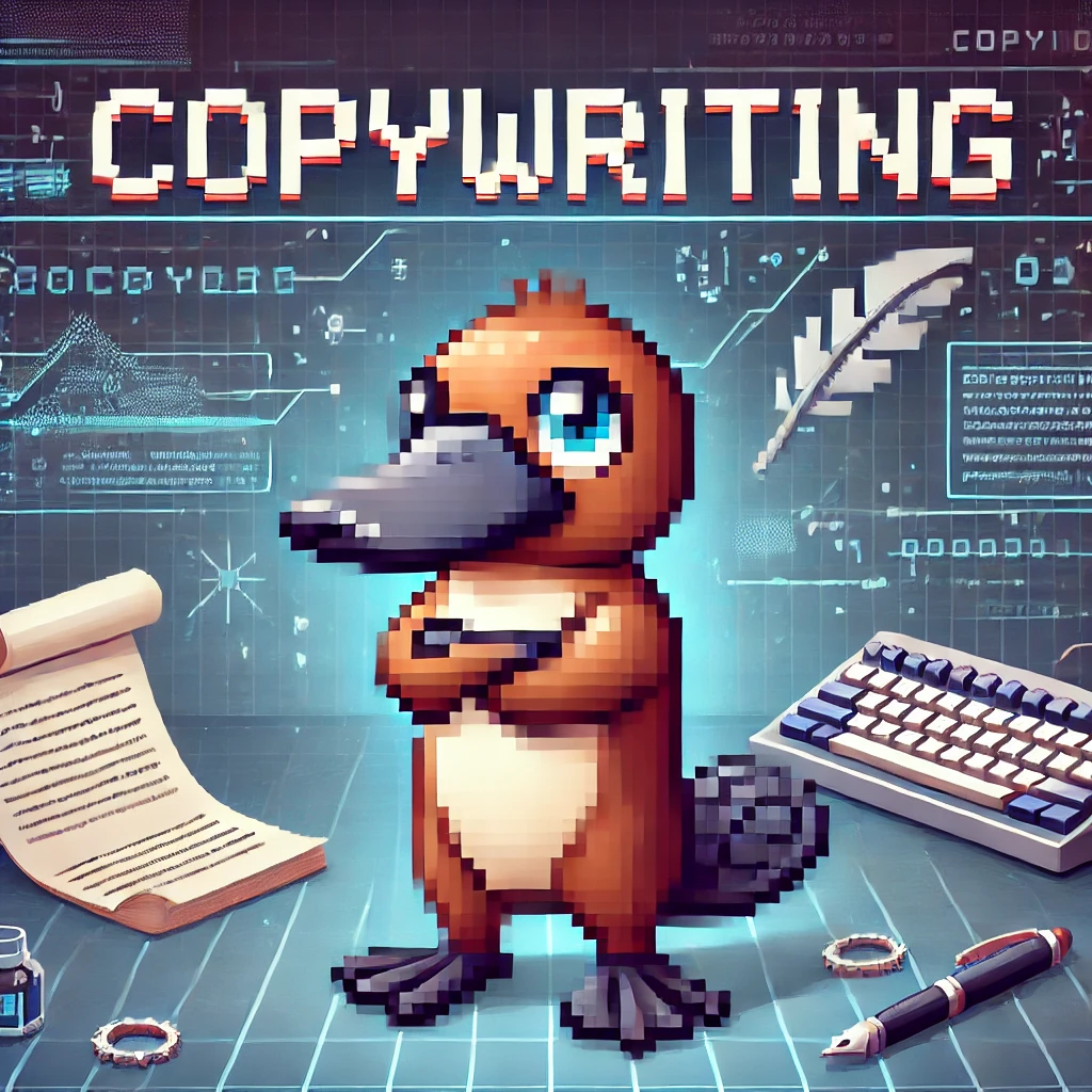 Dziobak w pozycji dominującej, a za nim napis "Copywriting"