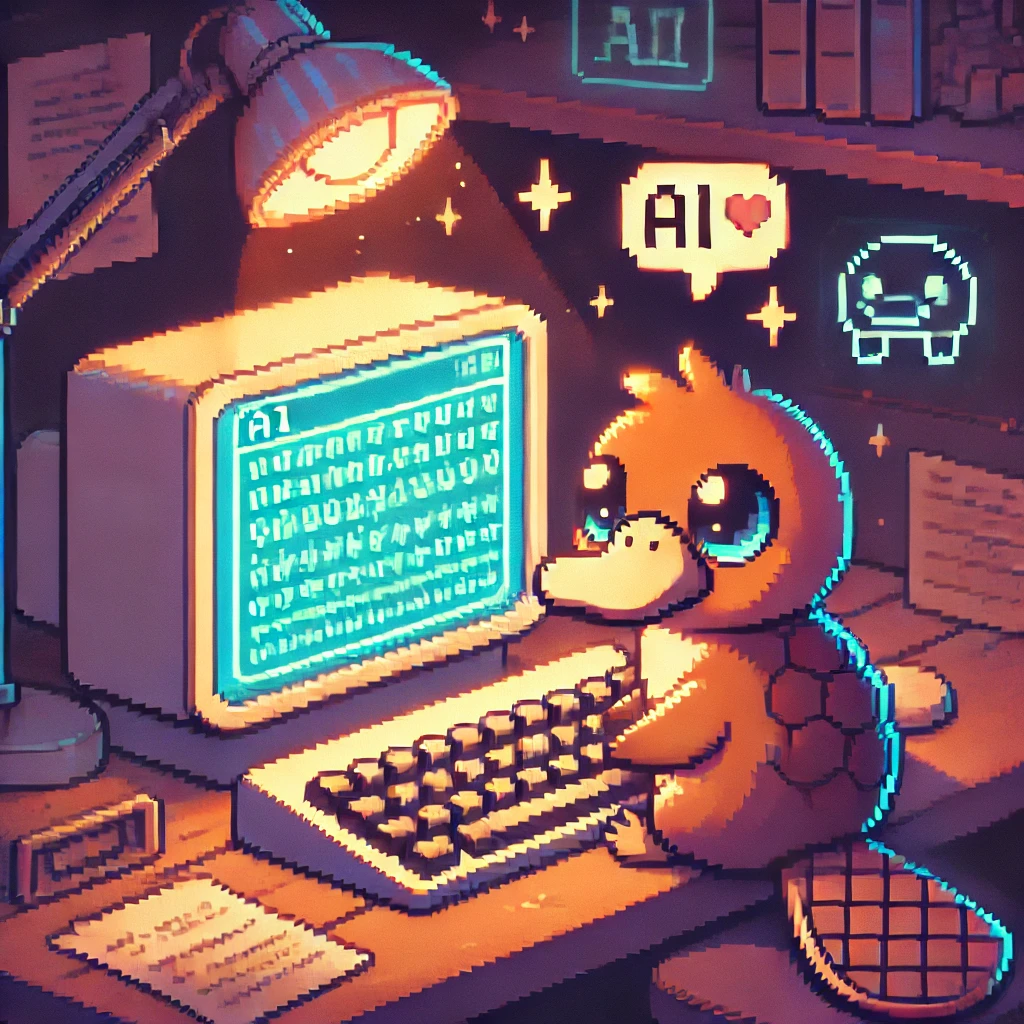 Dziobak rozmyślający o AI, i używający sztucznej inteligencji podczas pisania artykułu na Bloga