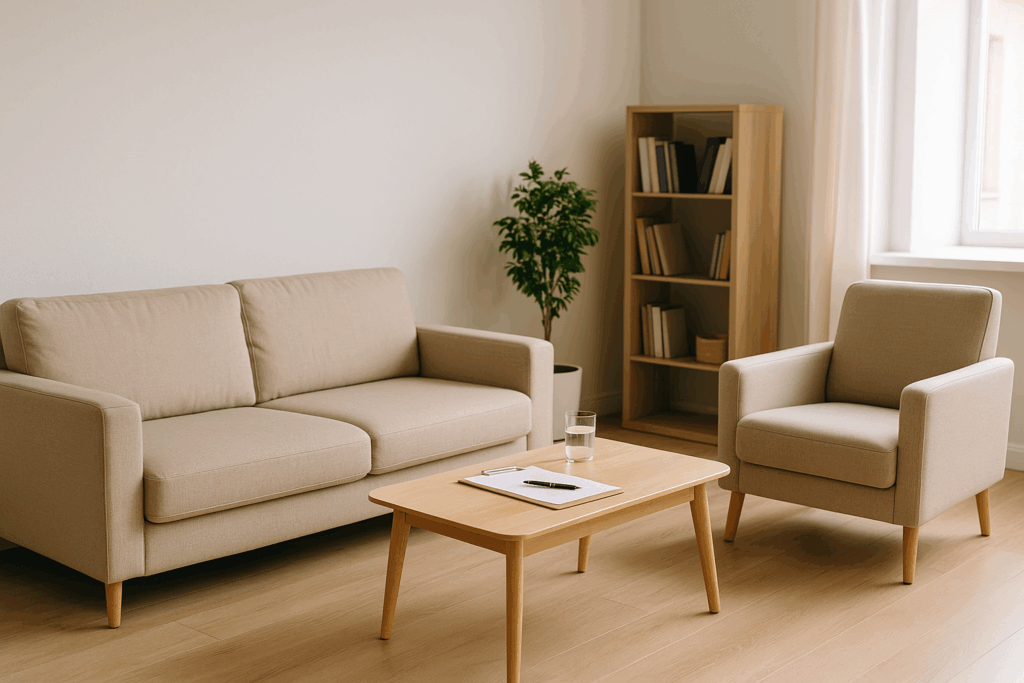 Gabinet psychologiczny, spokojne światło, rozmowa z terapeutą