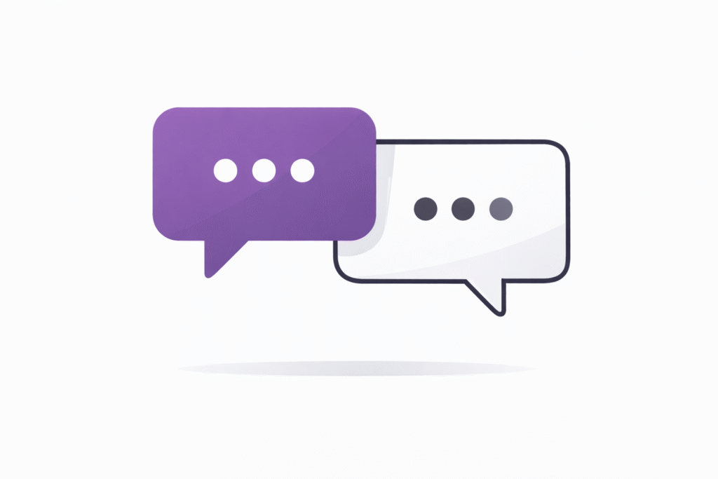 Ilustracja dwóch chmurek rozmowy z trzema kropkami symbolizujących naturalną, prostą komunikację i partnerską współpracę w copywritingu oraz marketingu online.